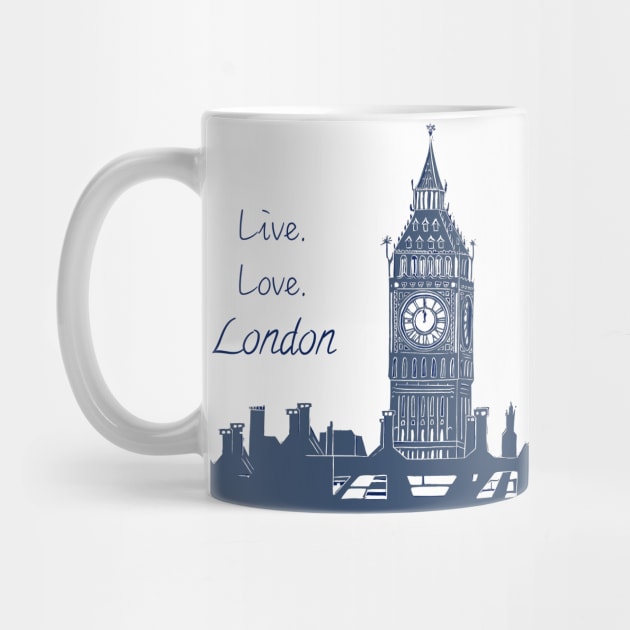 Live Love London Quote Big Ben Linocut Blue andWhite by Maddybennettart